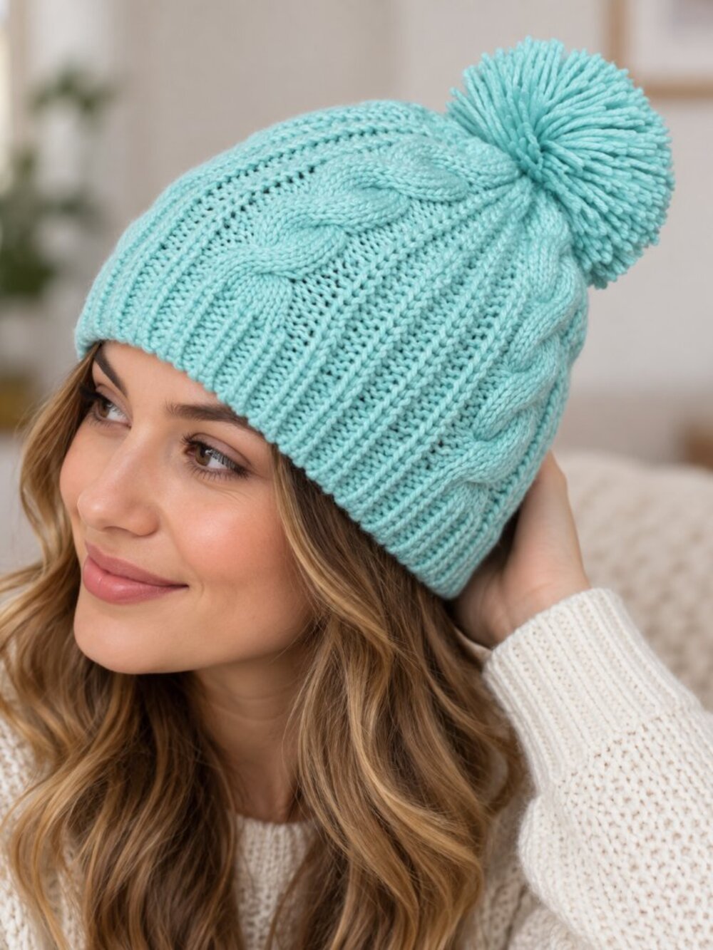 Mint Aqua Cable Knit Pom Pom Beanie Cozy Chunky Winter Hat